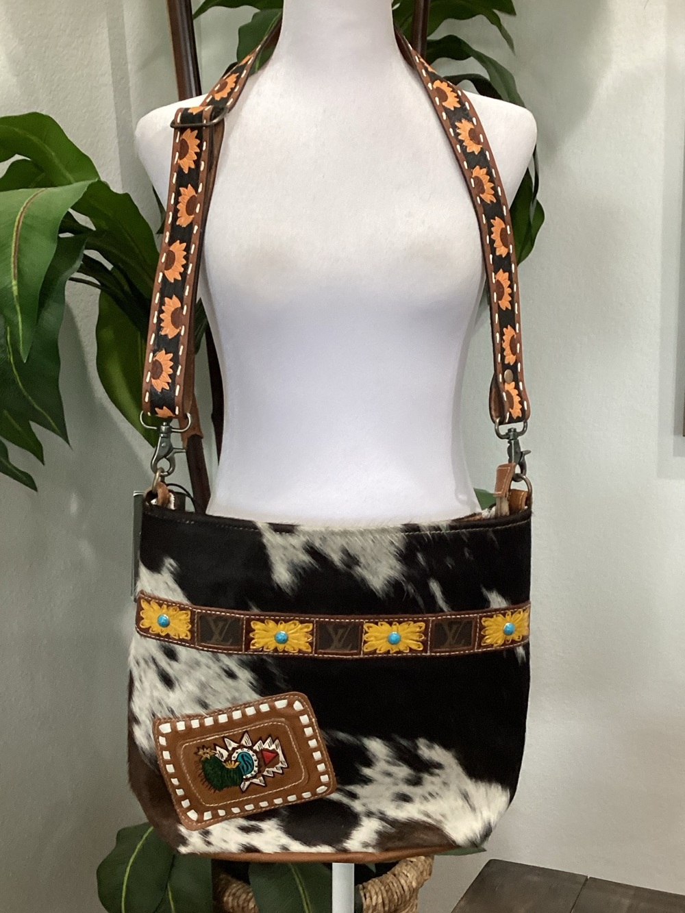 Myra Western Cowhide Crossbody Bag with Floral Strap - Brown/Black